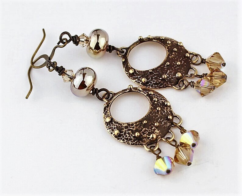 Lampwork Earrings Antique Brass Bronze Iridescent Beaded Jewelry 'Bellissima' image 5