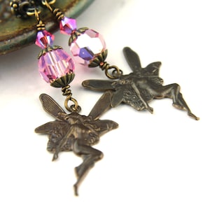 Handmade Crystal Earrings, Pink, Antique Brass Fairy, Faerie, Long Beaded Jewelry