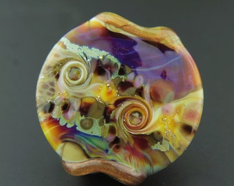 Glass Lampwork Bead, Lentil Focal Bead Purple, Gold, Green, 'Autumn Fire'