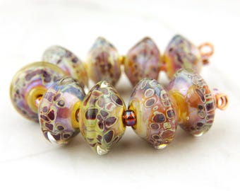 Lampwork Glass Beads Set Saucer, Iridescent Pink, Purple, Blue