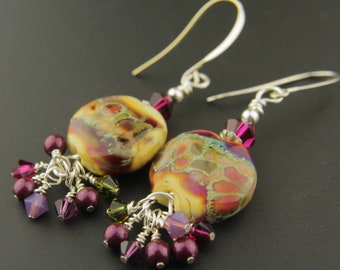 Handmade Earrings, Lampwork Glass Beads, Crystals, Purple, Gold, Silver