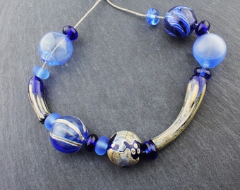 Lampwork  Glass Beads Set ORganiC,  Hollow, Tube Beads Chunky, Blue, Silver