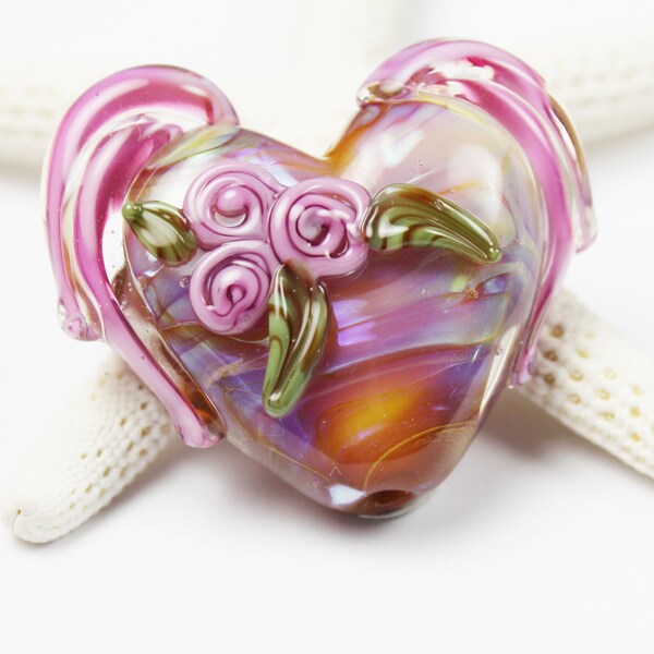 Lampwork Glass Focal Winged Heart Bead, Valentine  Iridescent Pink Purple Blue  SRA