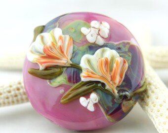 Lampwork Glass Bead, Pink Lentil Focal with Flowers