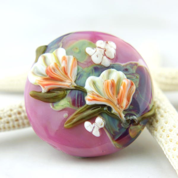 Lampwork Glass Bead, Pink Lentil Focal with Flowers