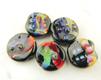 Lampwork Glass Beads, Coin, Black, Iridescent, Red, Pink, Blue