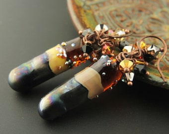 Handmade Earrings, Copper, Lampwork Beads, Crystals