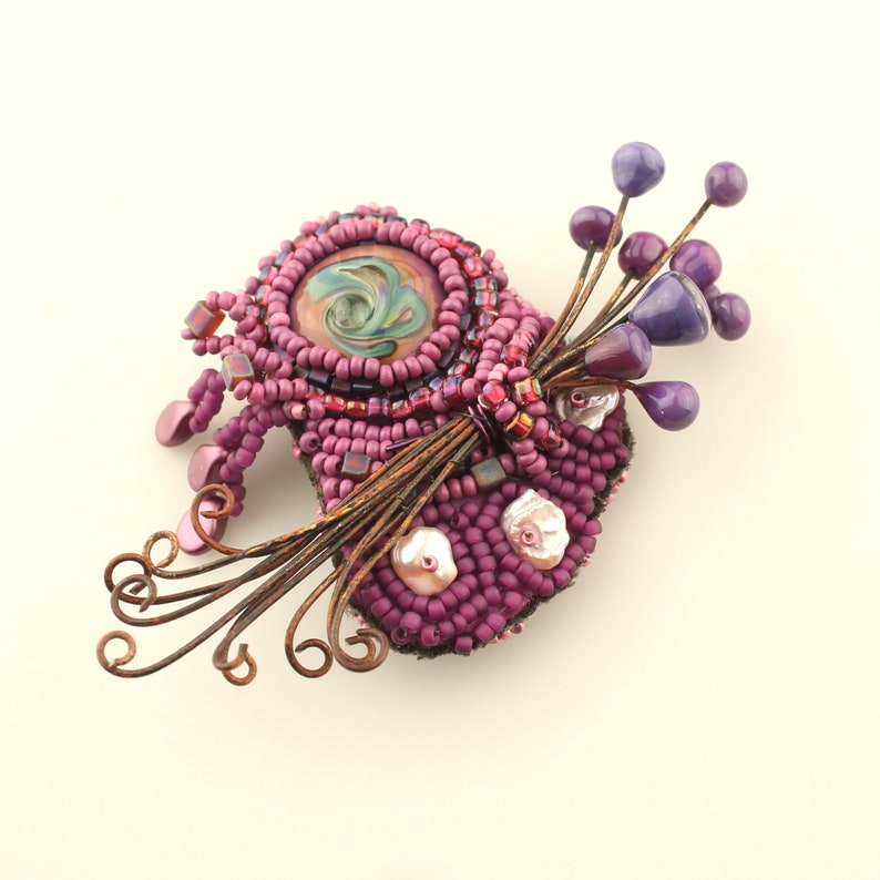 Bead Embroidery Pin Purple Pink Beaded Brooch with Lampwork Cabochon