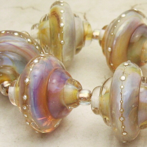 SRA Lampwork Glass Beads, Baroque Set of 7 - Iridescent Gold Blue Silver  'Heavenly'