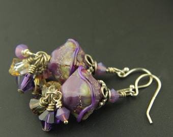 Sterling Silver Earrings, Purple Glass Beads, Crystals