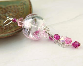 Pendant, Sterling Silver, Lampwork Glass Hollow Bead with Pink Crystals