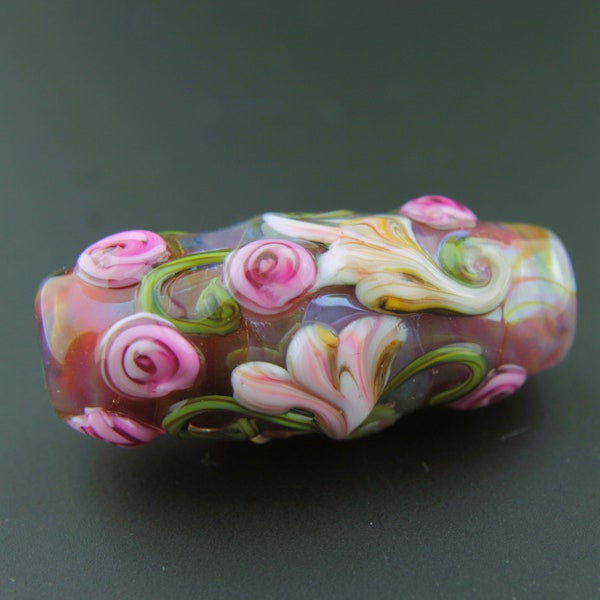 Lampwork Glass Bead Focal, Iridescent Blue, Pink, Flowers and Pink Roses