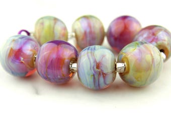 Lampwork Glass Beads Set, Iridescent Pink, Blue