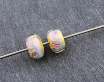 Lampwork Beads, Earring Pair, Yellow, Blue, Pink Glass