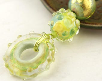 Lampwork Glass Bead Stack Set. Iridescent Green