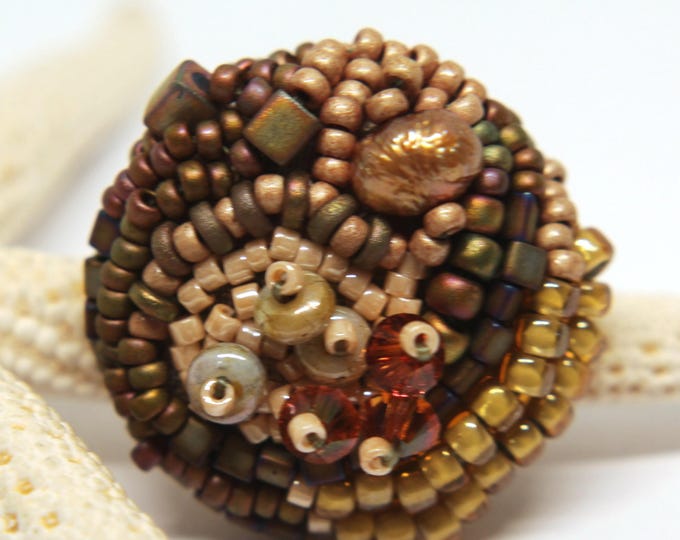 Beaded Button, Crystals Bead Embroidery, Black, Beige, Brown, Hand ...