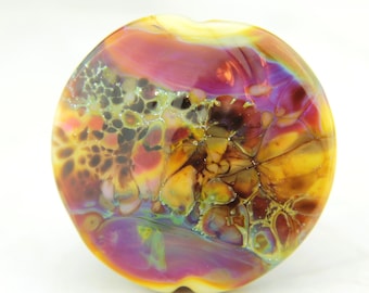 Glass Lampwork Bead, Lentil Focal Bead Purple, Gold, Green, 'Autumn Fire'