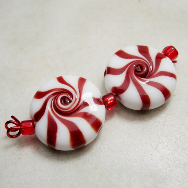 Handmade Lampwork Glass Beads, Christmas Peppermint Glass Candy Red or Green  Lentil Earring Pair SRA