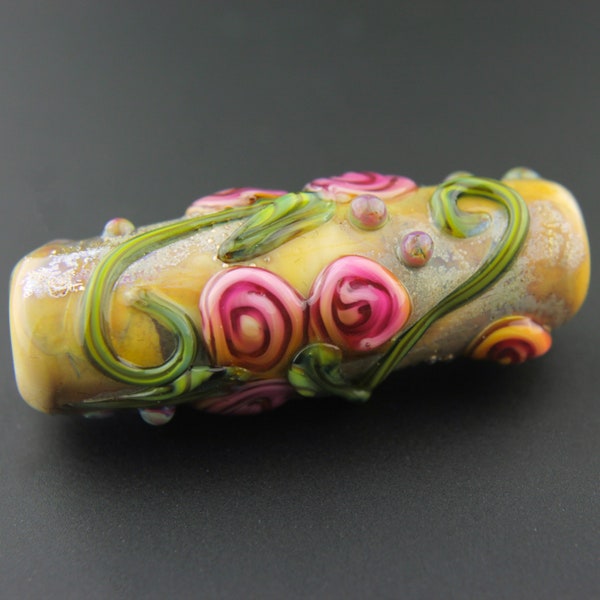 Lampwork Glass Bead Focal, Brown, Silver, Pink Roses