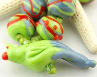 Lampwork Beads Set, Lime Green, Blue, Orange with Bird