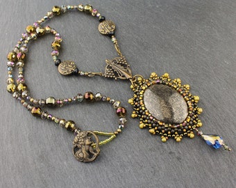Necklace Beadwork Beaded Cabochon, Gemstone, Antiqued Brass, Crystals, Seed Beads