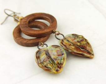 Earrings, Antiqued Brass, Wooden Hoops, and Lampwork Leaves