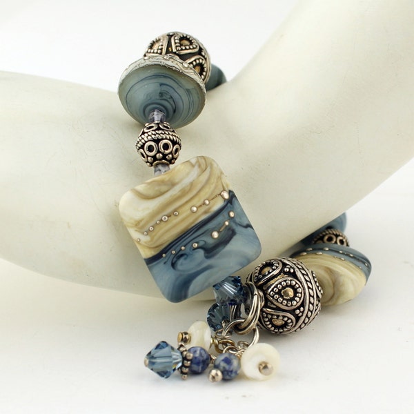 Lampwork Bracelet and Earrings Set, Sterling Silver Blue Beige Chunky Beaded Jewelry  'Denim Summer'