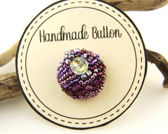 Hand Beaded Button, Embroidery, Lavender, Purple (24mm)