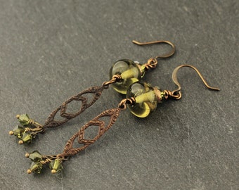 Handmade Glass Bead and Crystal Earrings, Olive Green, Brass
