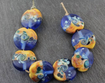 Glass Lampwork Bead Set Lentil Blue Brown Etched Matte 'Cowgirl'