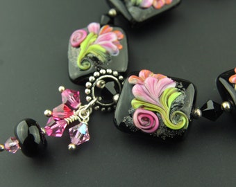 Sterling Silver and Lampwork Bracelet, Black, Pink, Chunky Beaded Jewelry, Mother's Day