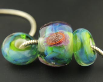 Iridescent Blue, Green Lampwork Glass Big Hole Bead Set of 3
