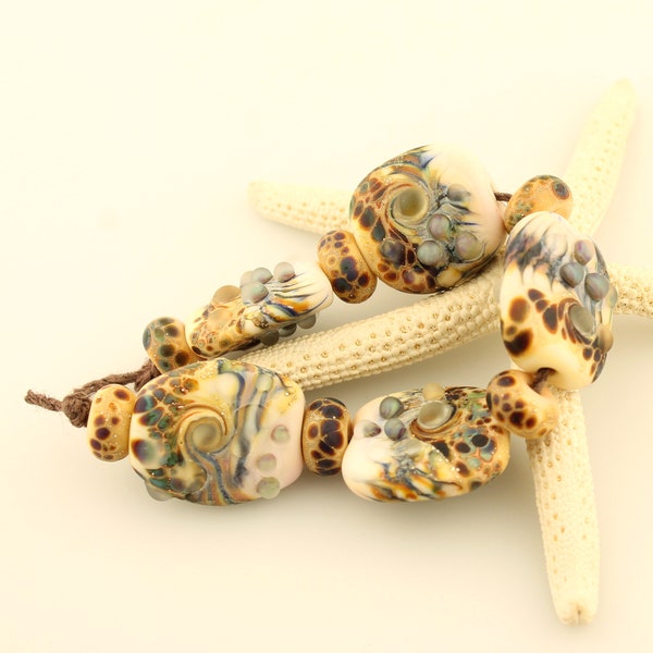 Lampwork Glass Bead Set, Flat Organic Beads,  Matte Cream, Gray, Brown, Blue, Lampwork Beads