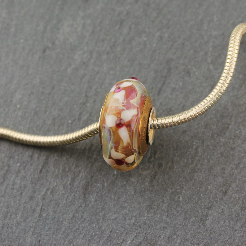 Lampwork Glass Beads, Gold, Pink BHB Charm Sterling Silver Core European Iridescent Big Hole Bead image 2