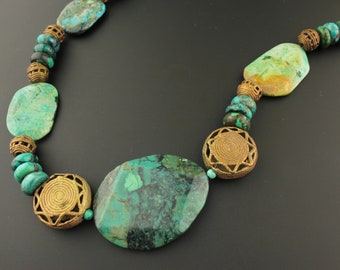 Necklace and Earrings, Antiqued Brass, Turquoise Gemstones, 'Tribal Dance'