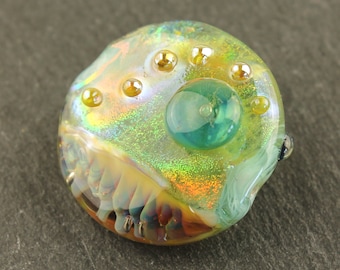 Lampwork Glass Lentil Bead Focal Iridescent Blue Green