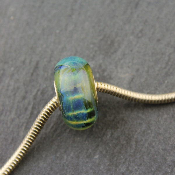 Perles de verre lampadaires, BHB Charm Sterling Silver Core, Green Blue European Iridescent Big Hole Bead