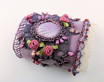 Fabric Cuff Bracelet, Victorian Bead Embroidery, Purple, Beaded Jewelry, Marie Antoinette Cuff