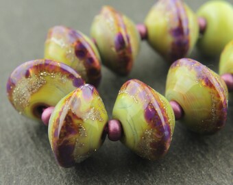 Handmade Lampwork Beads Set, Glass Bicone Saucer, Green, Purple