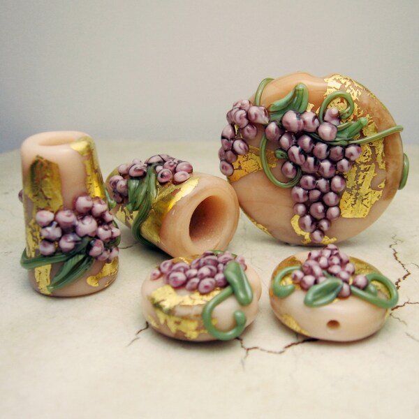 Handmade Lampwork Glass Bead Set , Grape Lentil Focal, Bead Cones, Earring Pair 'Fine Wine'