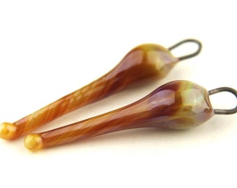 Lampwork Glass Bead Pair, Teardrop Beads with Copper Wire Loop