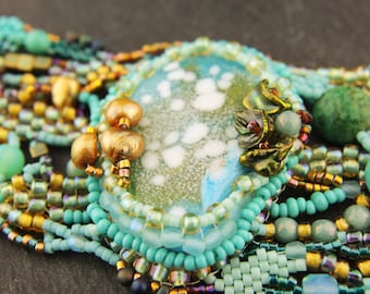 Beadwork Free Form Peyote Cuff Bracelet, Blue, Turquoise, Gold, Purple