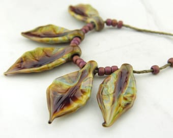 Lampwork Glass Beads, Set of 5 Leaves