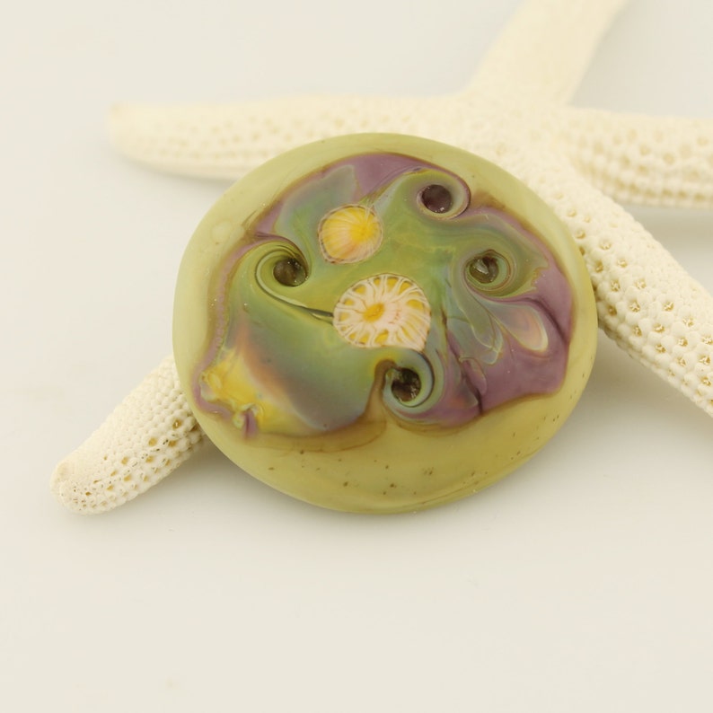 Purple Green Lampwork Glass Cabochon SRA Focal for Beadwork or Bezel Etched Matte
