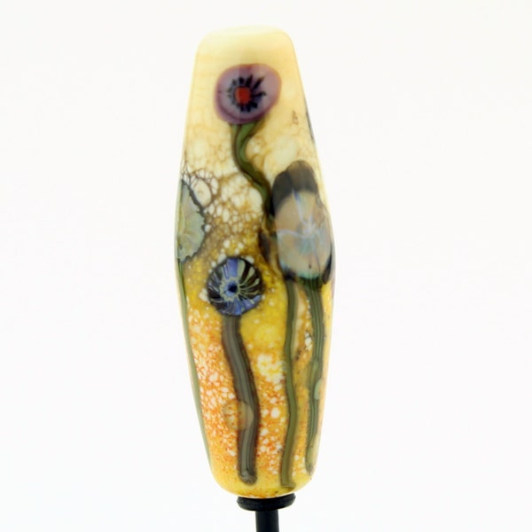 SRA Lampwork Glass Bead Artisan Long Organic Focal Yellow Orange Brown 'Fall Garden'