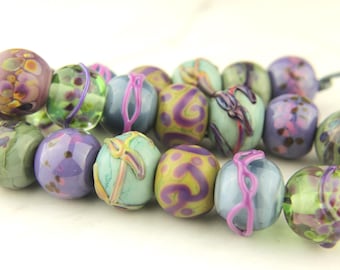 Glass Lampwork Beads Set, Blue, Purple, Green