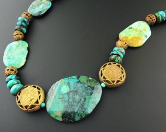 Necklace and Earrings, Antiqued Brass, Turquoise Gemstones, 'Tribal Dance'