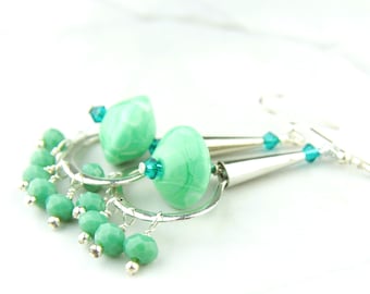 Earrings, Long, Lampwork Glass Beads, Light Turquoise