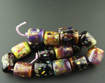 Lampwork Glass Beads Barrel Set, Purple, Green, Blue, Brown