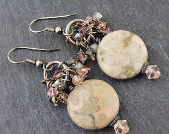 Sterling Silver Earrings, Jasper Gemstones, Oxidized, Dangle, Crystal, Boho Style